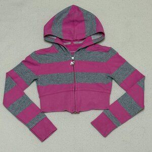 Limited Too Girl's Striped Cropped Hooded Full Zip Jacket - Pink & Gray - Size